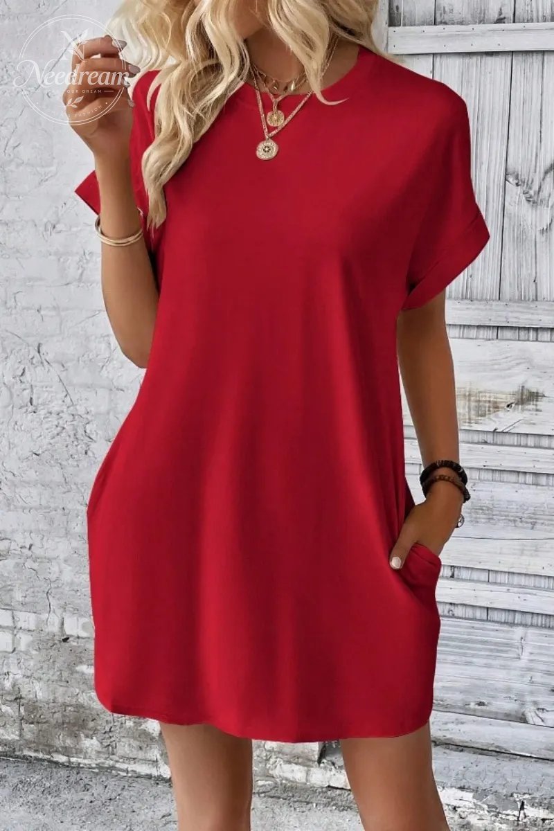 Casual Minimalist Round Neck Roll Up Sleeve Dress