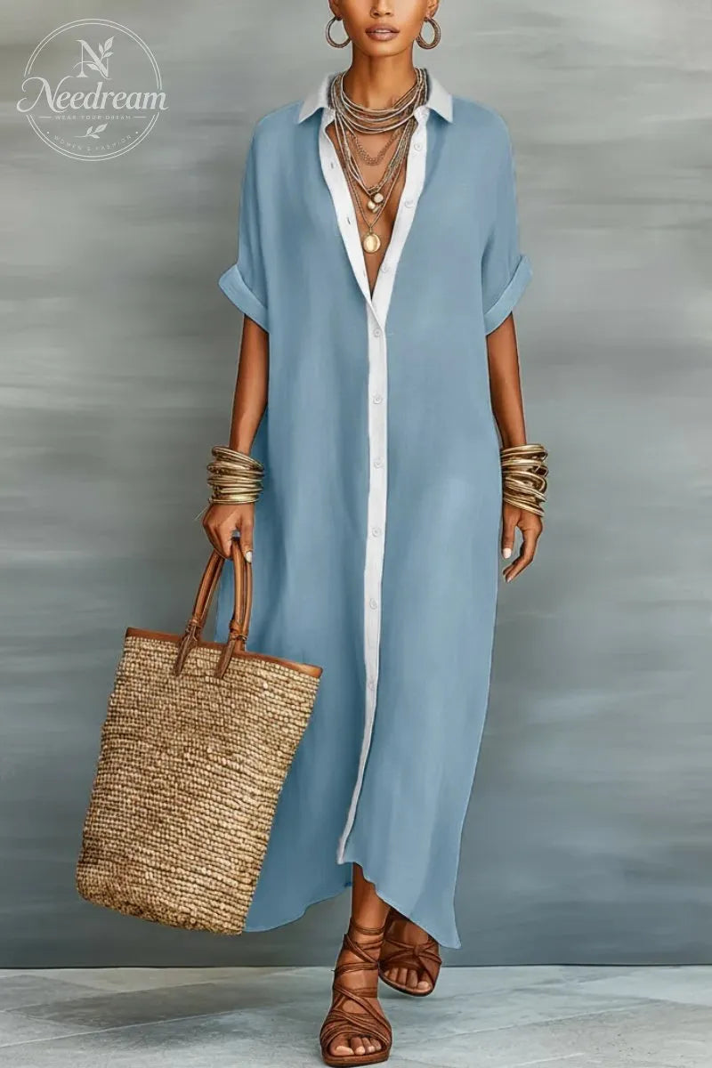 Women's Minimalist Linen Blend Short-sleeved Shirt Maxi Dress
