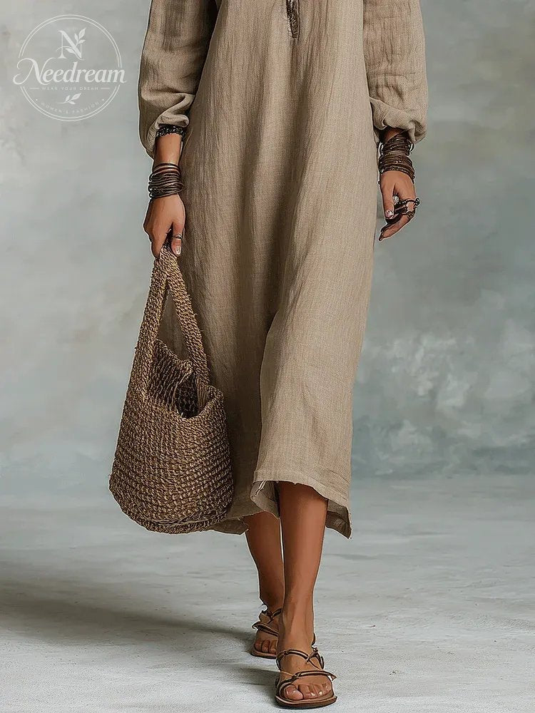 Relaxed Bohemian Cold-Shoulder Linen Midi Dress