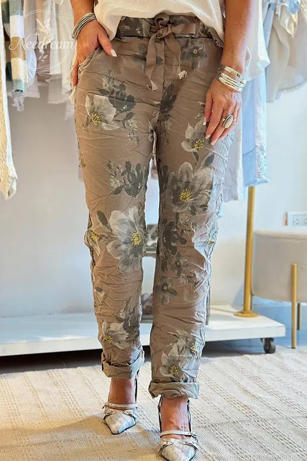 Women'S Floral Print Elastic Waist Casual Pocket Pants  (With Pockets)