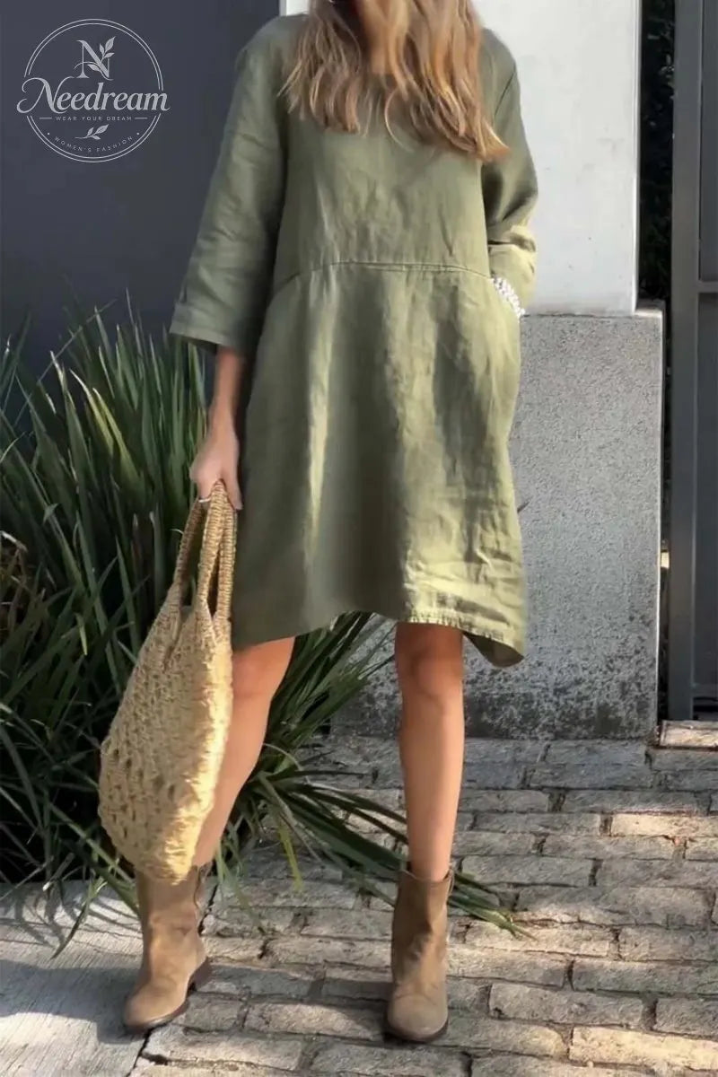 Solid Color Loose Casual Pocket Cotton Linen Dress