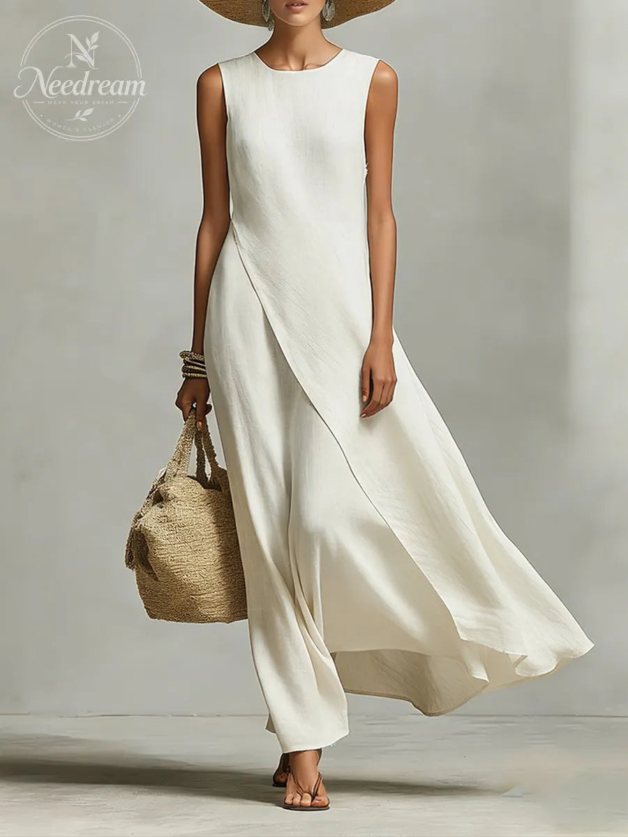 Women's Ivory Breathable Linen Dress With Sleeveless Detail & Asymmetric Hem, Contemporary Casual-Feminine Style Dress