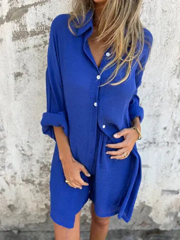 Women'S Casual Solid Color Cotton And Linen Shorts Long Sleeve Wrinkled Shirt Two Piece Set