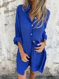 Women'S Casual Solid Color Cotton And Linen Shorts Long Sleeve Wrinkled Shirt Two Piece Set