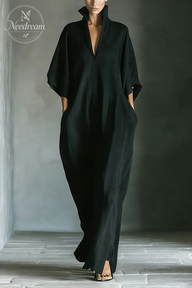 Women's Black Cotton Blend Fabric Oversized Kimono-Sleeve Maxi Dress With Pockets