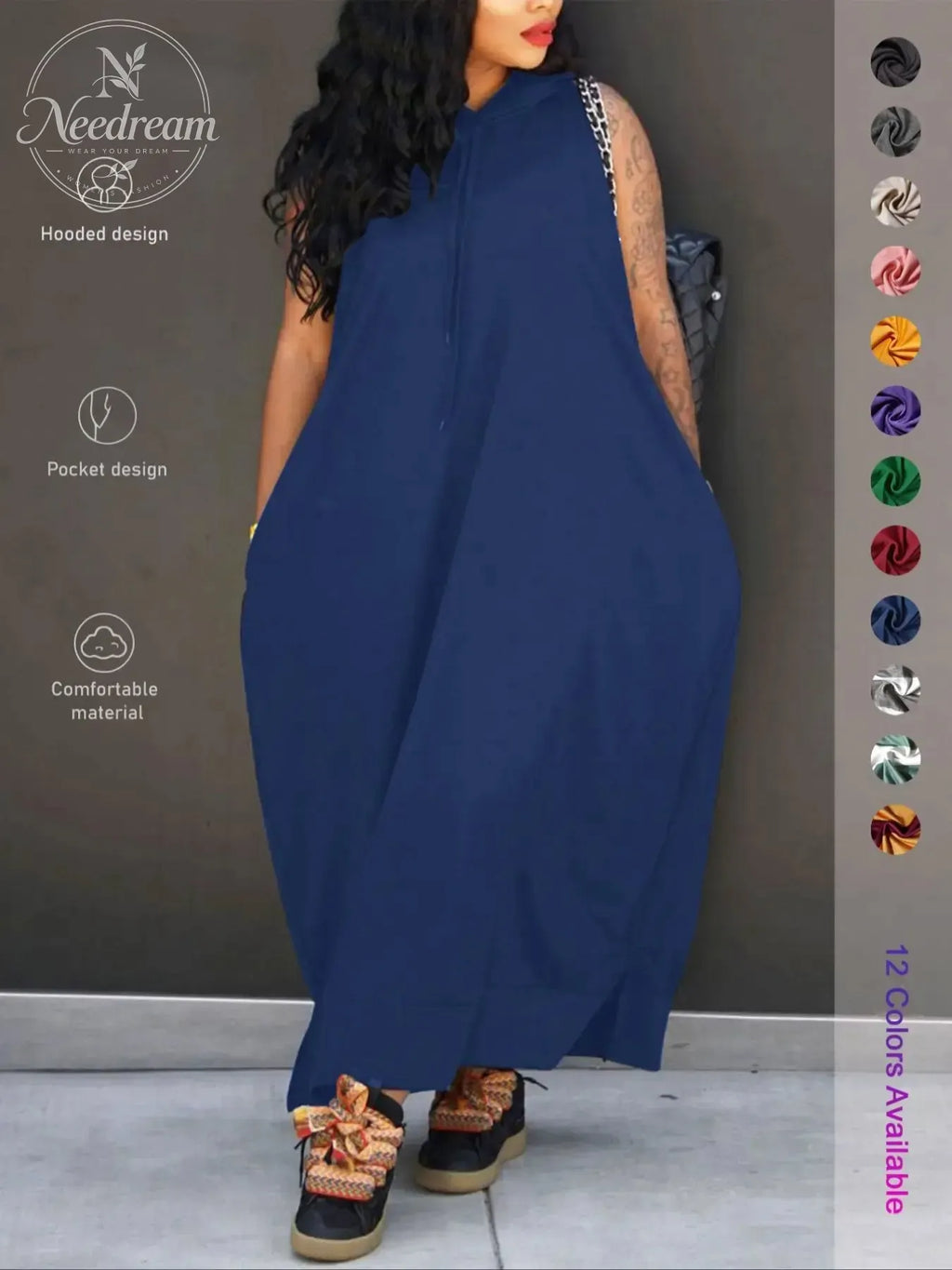 Women's Plain Drawstring Hooded Tank Dress, Casual Basic Pocket Sleeveless Dress