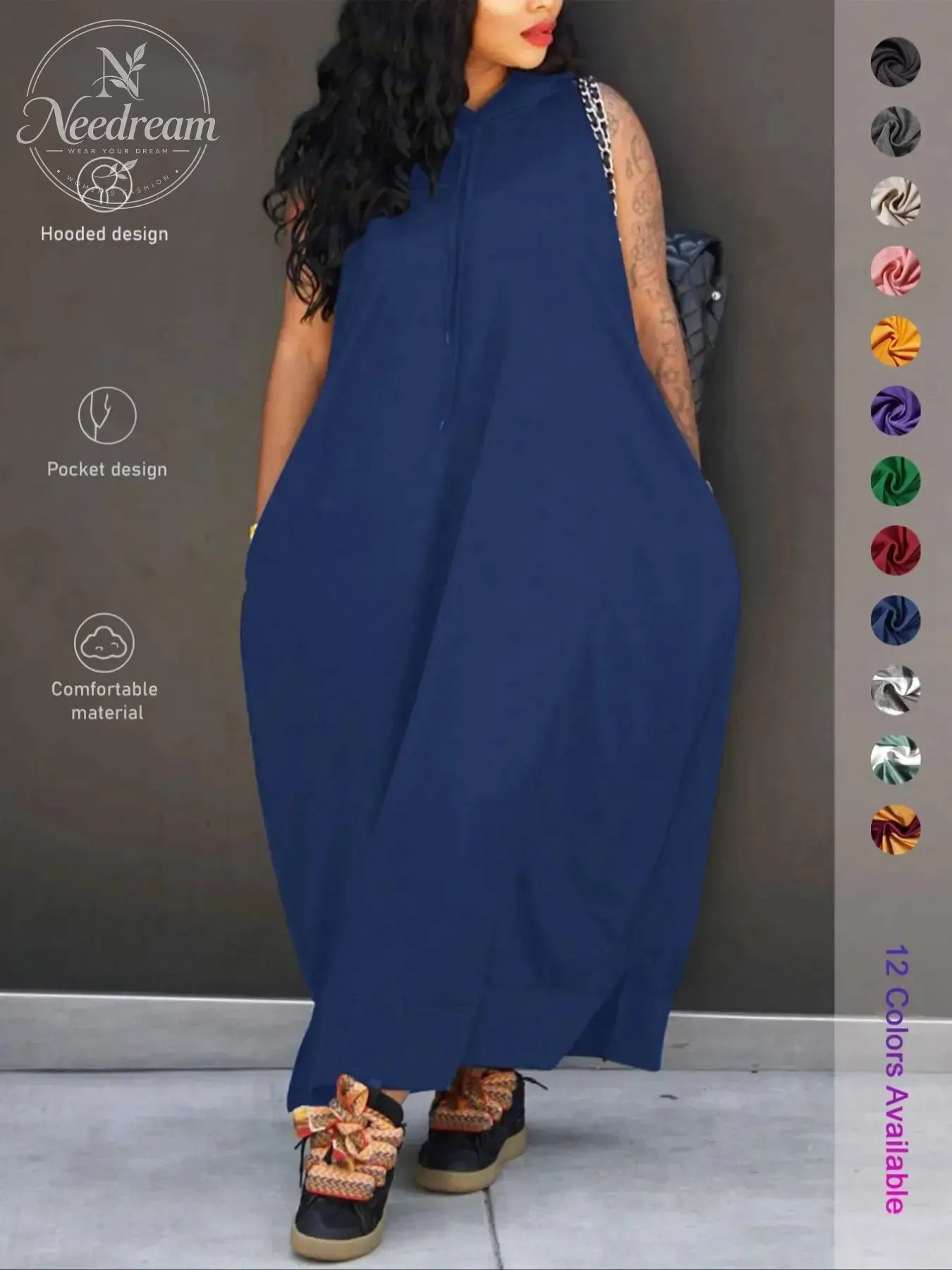 Women's Plain Drawstring Hooded Tank Dress, Casual Basic Pocket Sleeveless Dress