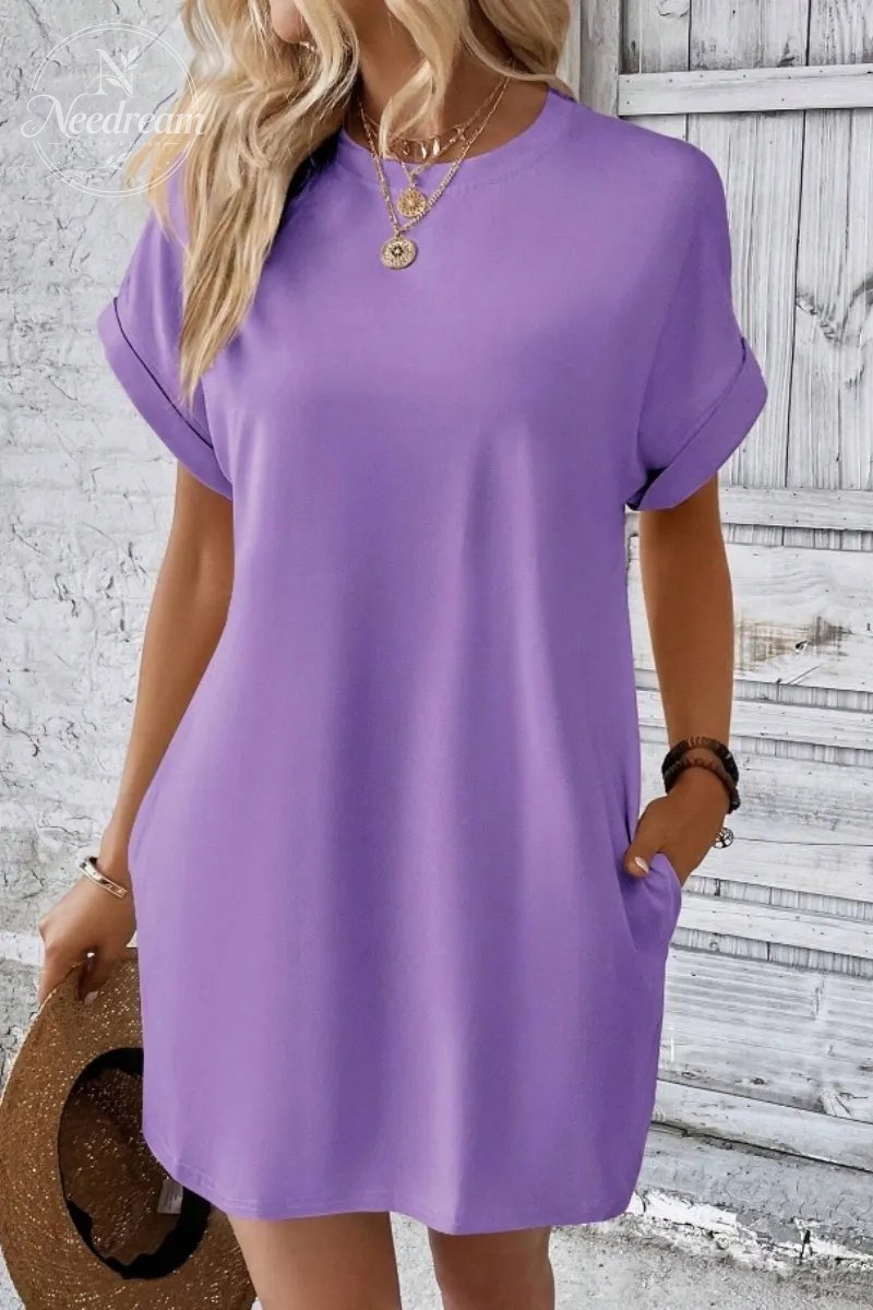 Casual Minimalist Round Neck Roll Up Sleeve Dress