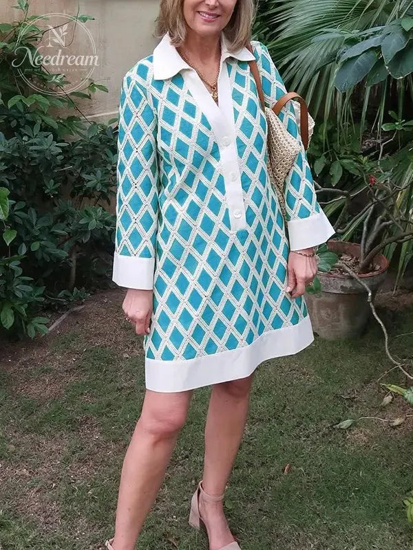 NEW🔥 Diamond Plaid Lace Cutout V Neck Shirt Dress