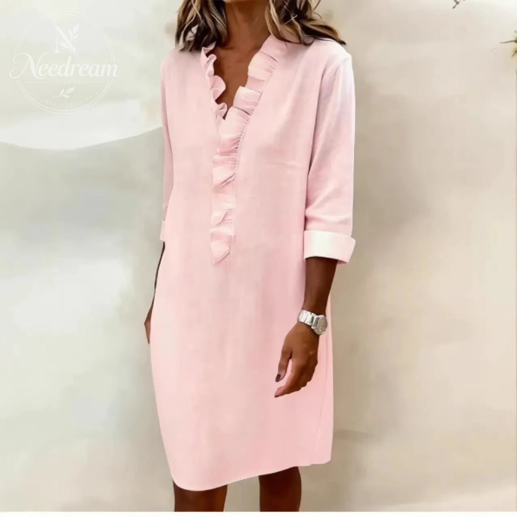 Ruffled V-Neck Solid Color Dress
