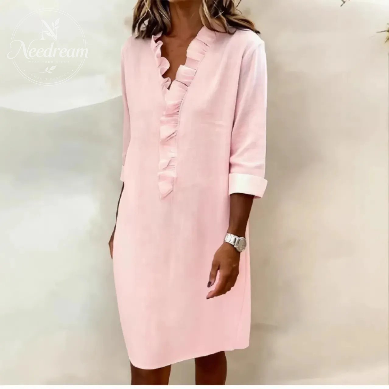 Ruffled V-Neck Solid Color Dress