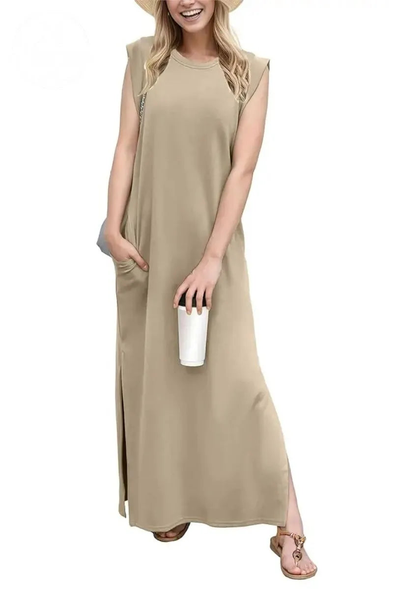 Women Summer Round Neck Casual Loose Split Wrinkle-Free Long Maxi Vacation Dress with Pockets