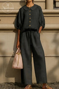 New Arrivals🔥Stylish Peter Pan Collar Shirt And Wide-leg Pant Linen Two-piece Set