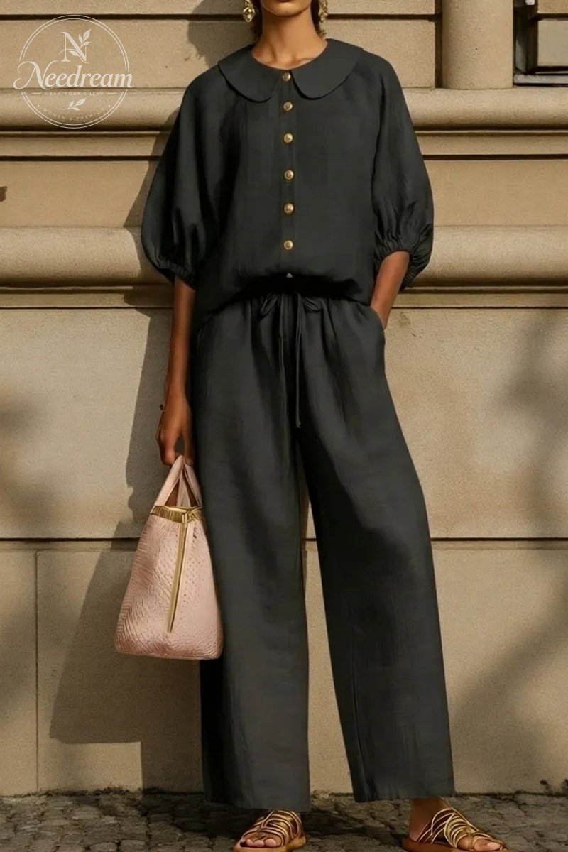 New Arrivals🔥Stylish Peter Pan Collar Shirt And Wide-leg Pant Linen Two-piece Set