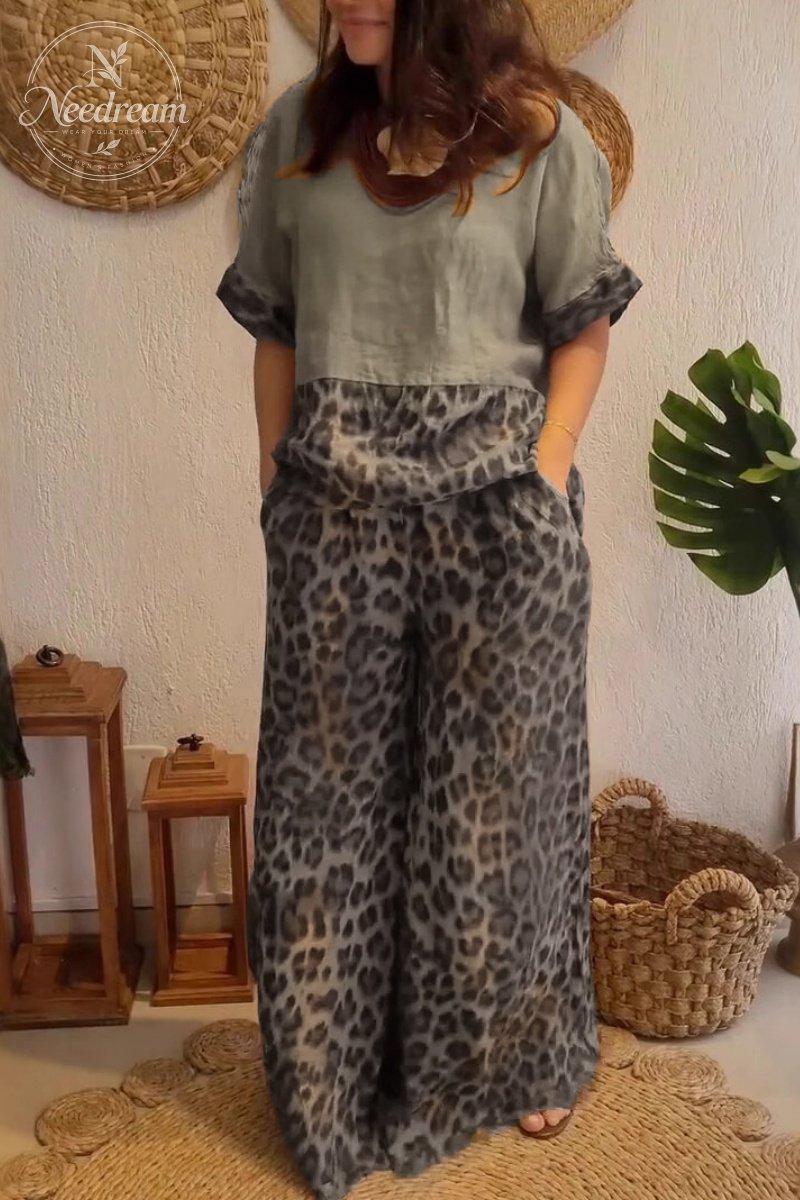 Women's Linen Cotton Leopard Print Suit