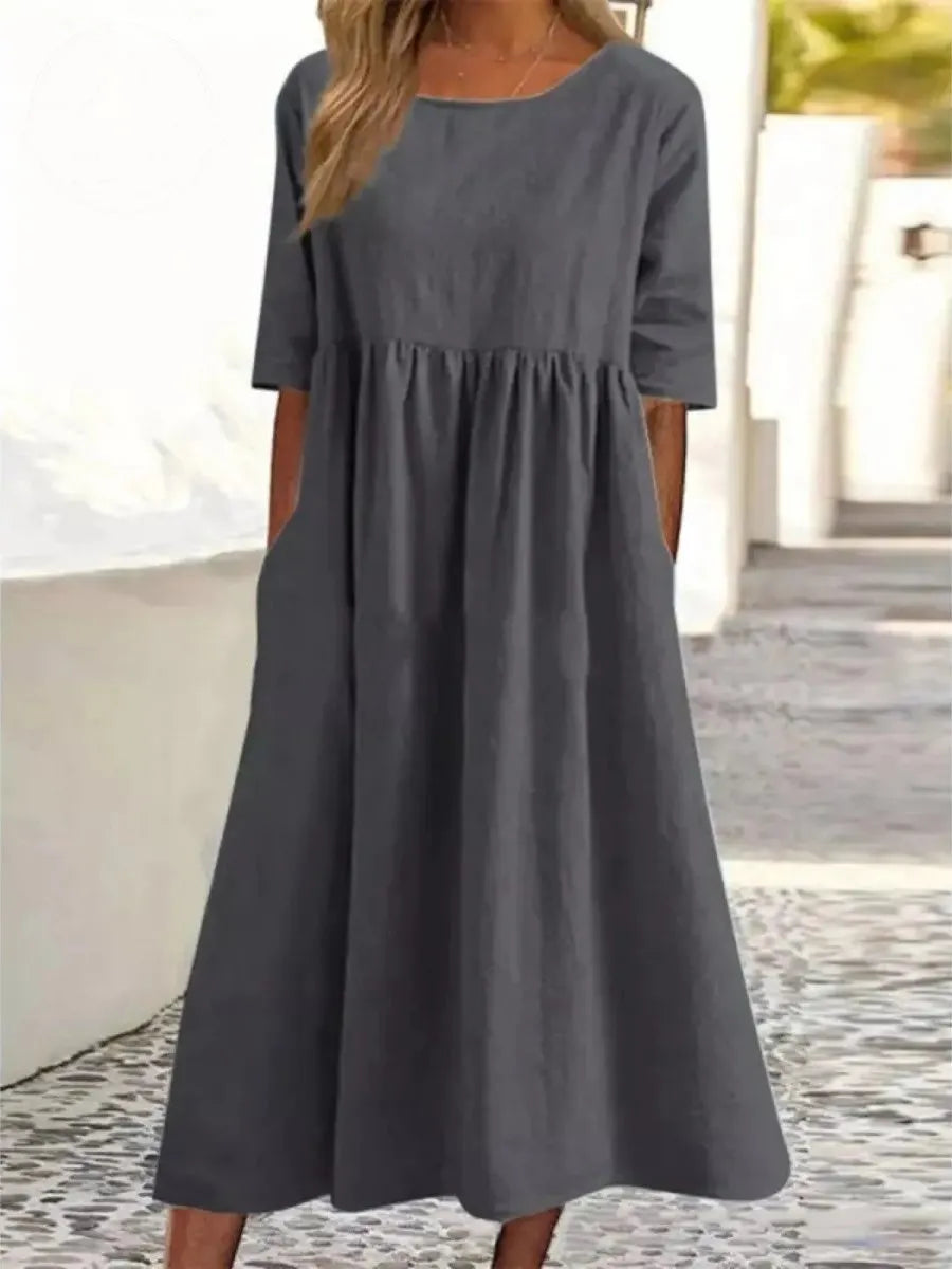 Women's Summer New Cotton and Linen Casual Short Sleeve Pocket Fold Loose Round Neck Dress