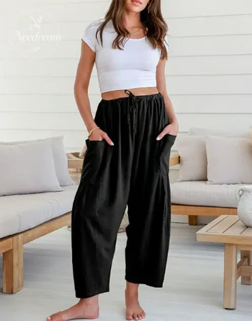 Womens Linen Wide Leg Pants Casual Loose Beach Palazzo Harem Pants with Pockets Summer Outfit
