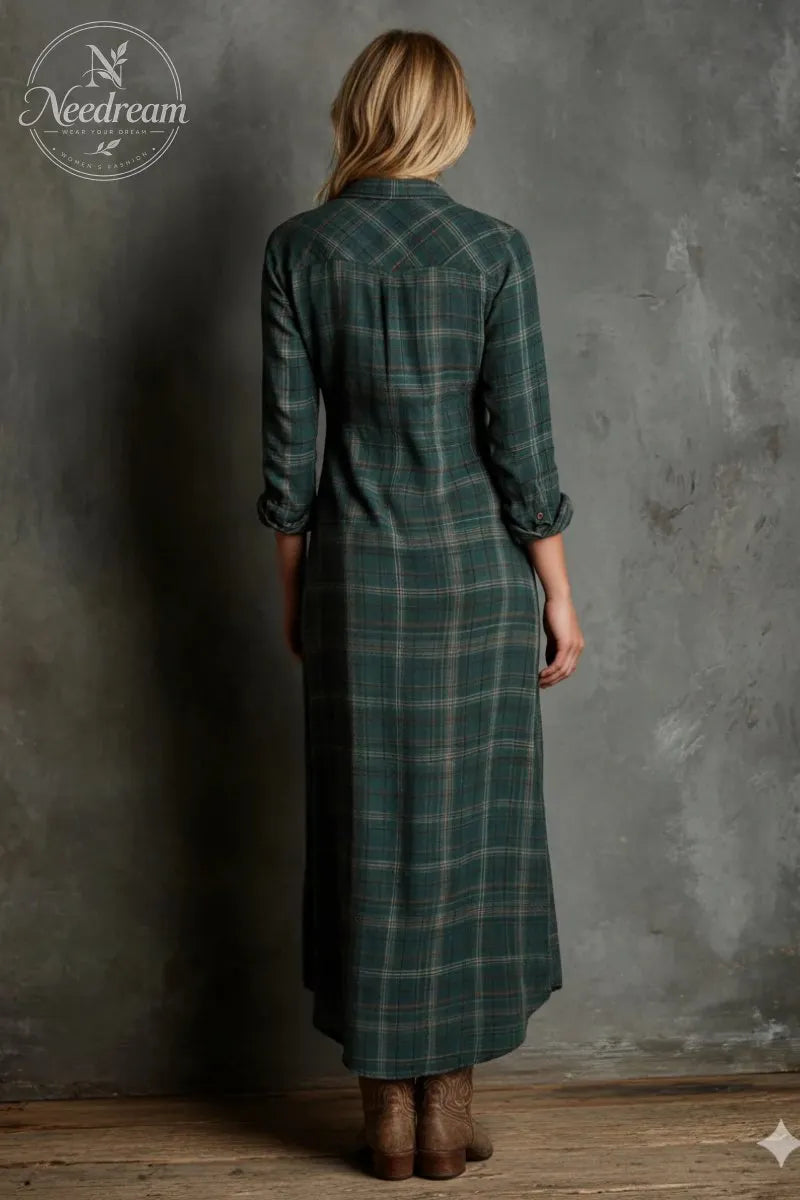 Women's Plaid Lapel Single-Breasted Shirt Maxi Dress
