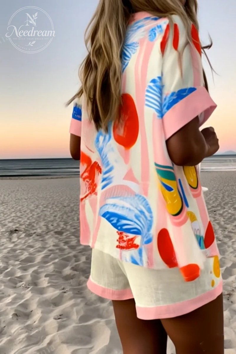 Seaside Holiday Striped Print Shirt & Shorts Two-Piece Set