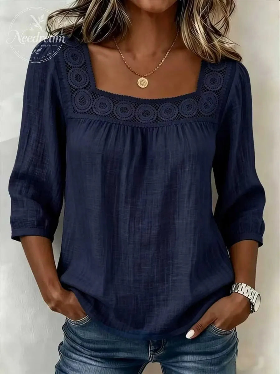Lace Patchwork Blouse With A Square Neckline