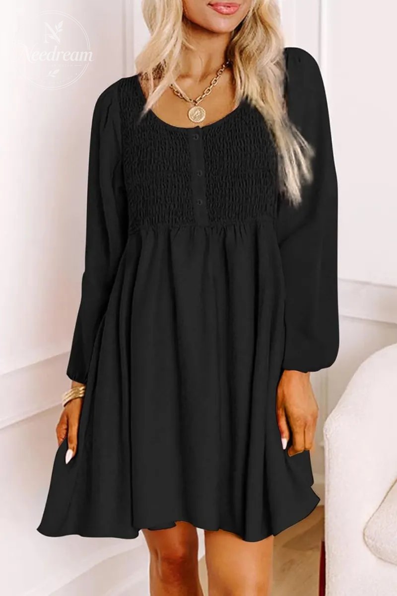 Smocked Crewneck Button Up Long Sleeve Empire Waist A-Line Mini Dress