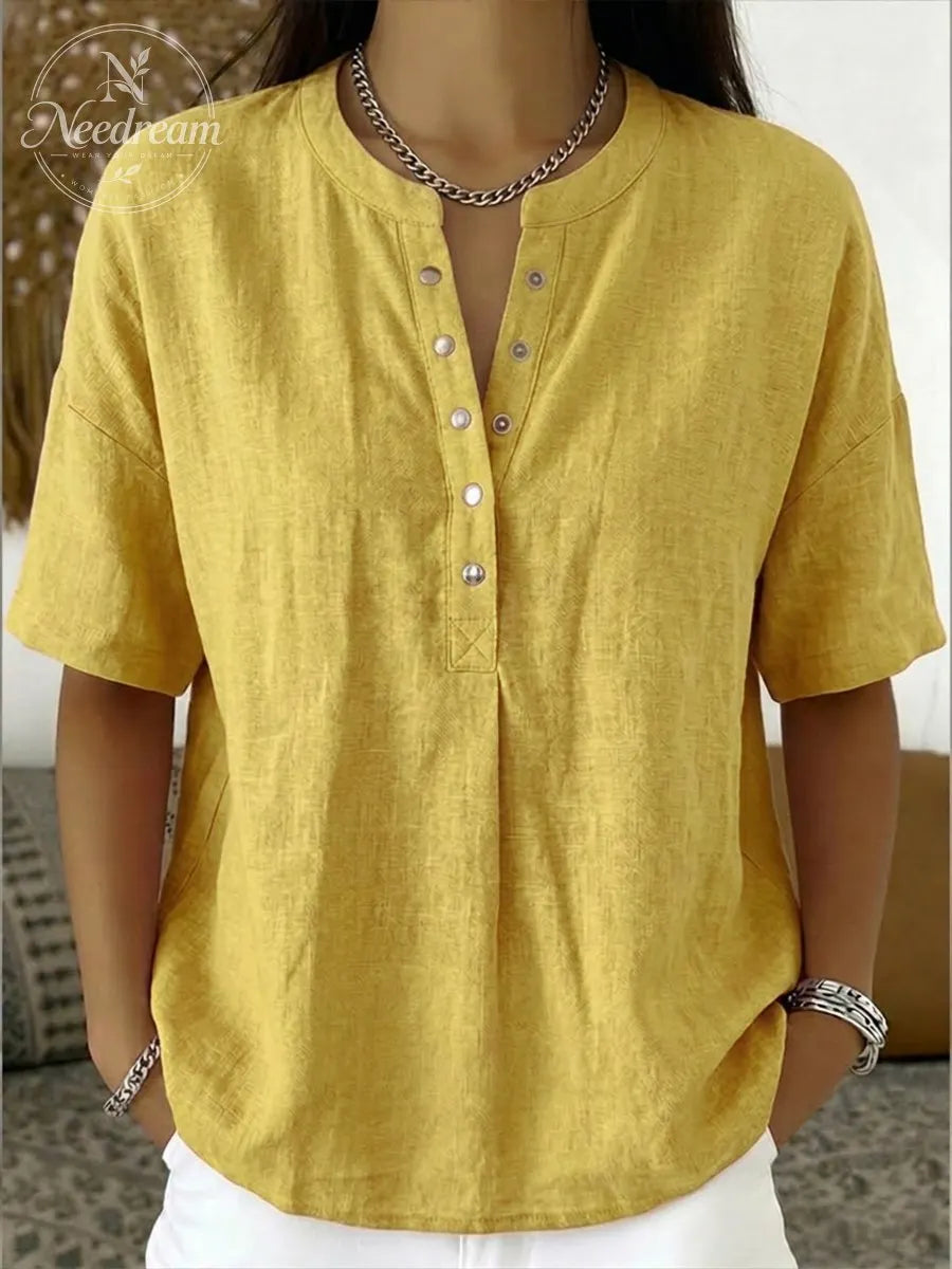 New Arrivals🔥 Women’s Casual Henley Collar Linen And Cotton Short-sleeve Shirt