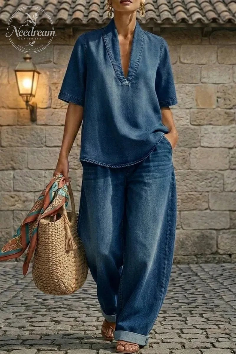 Women's Casual Cozy Minimalist Denim Two-piece Set