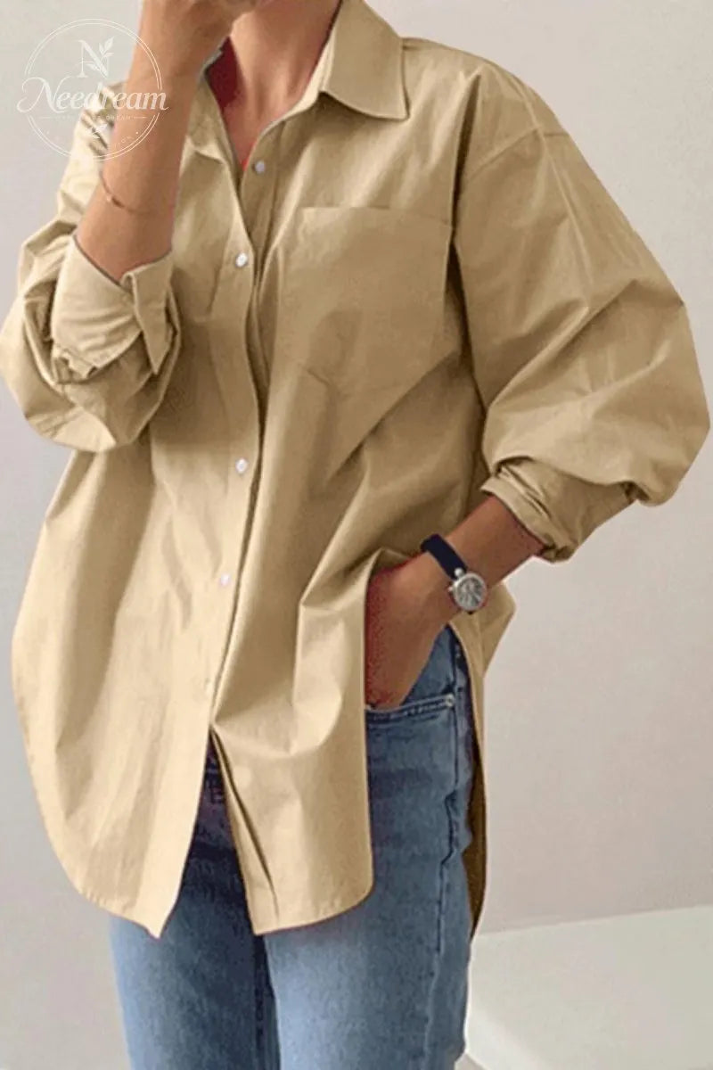 Women's Plain Button Front Drop Shoulder Shirt Blouse