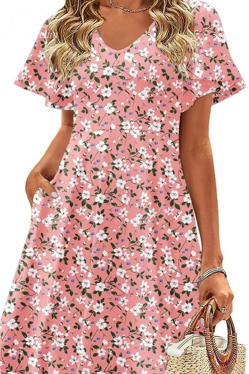 Womens Summer Dress Casual Swing Floral Ruffle Short Sleeve Sundresses Beach Mini A-Line Shift Dress