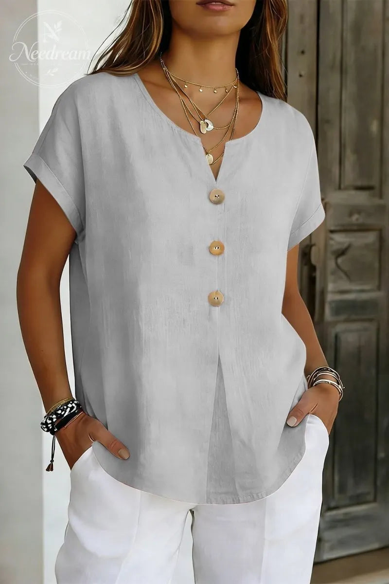 Decor Button Short Sleeve Blouse