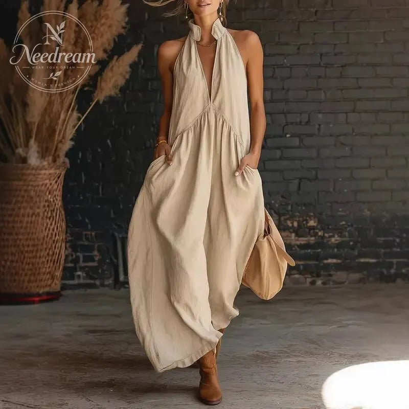 2026 Minimalist Halter Neck Maxi Dress | Casual Loose Fit Summer Dress with Pockets for Women