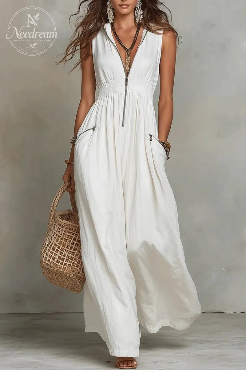 White Zip-Front Bohemian Maxi Dress