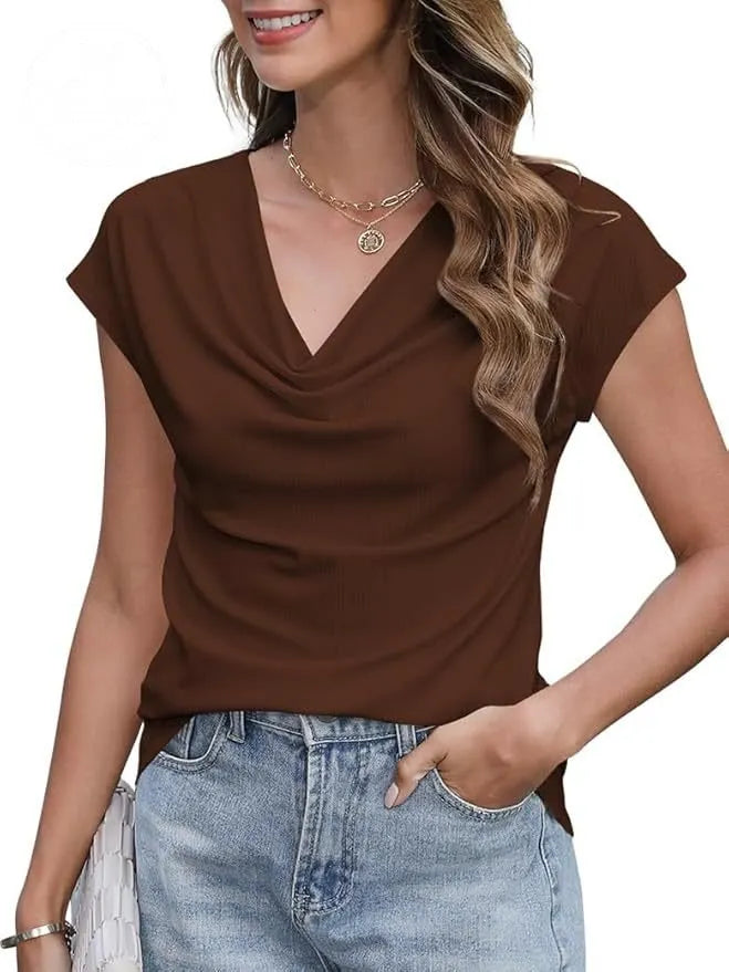 Women's Casual Solid-Color Short-Sleeve Top with Cowl Neck