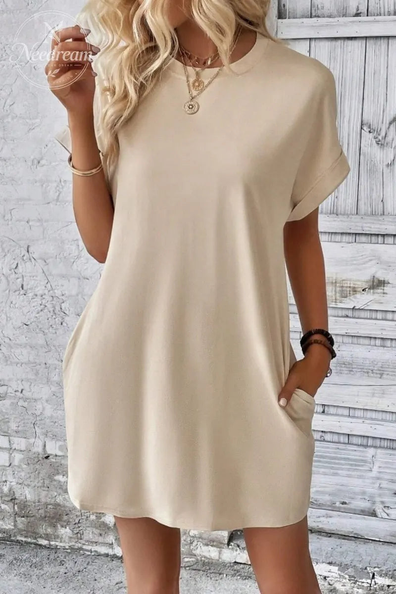 Casual Minimalist Round Neck Roll Up Sleeve Dress