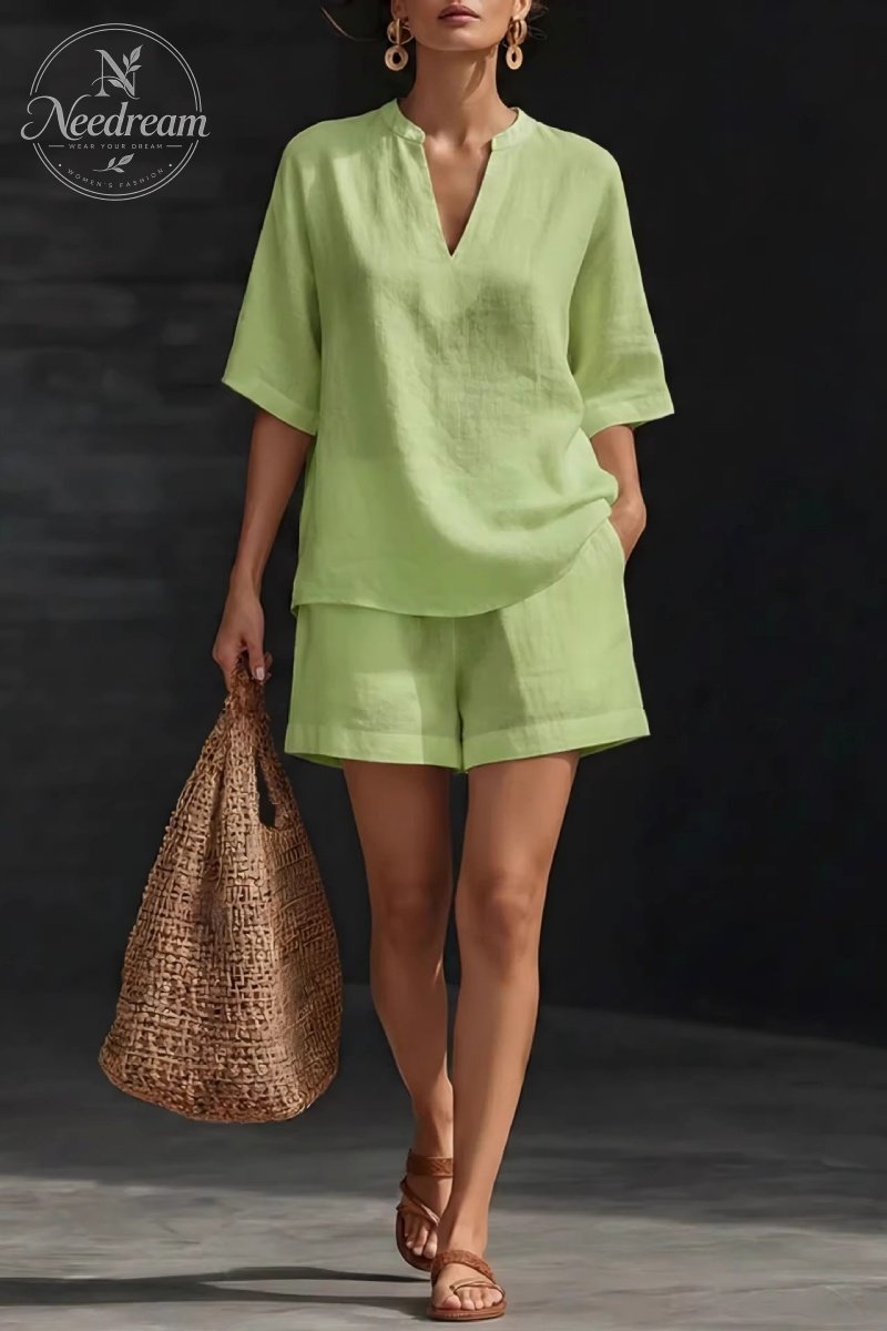 Minimalist Cozy V-neck Shirt And Shorts Linen Cotton Two-piece Set