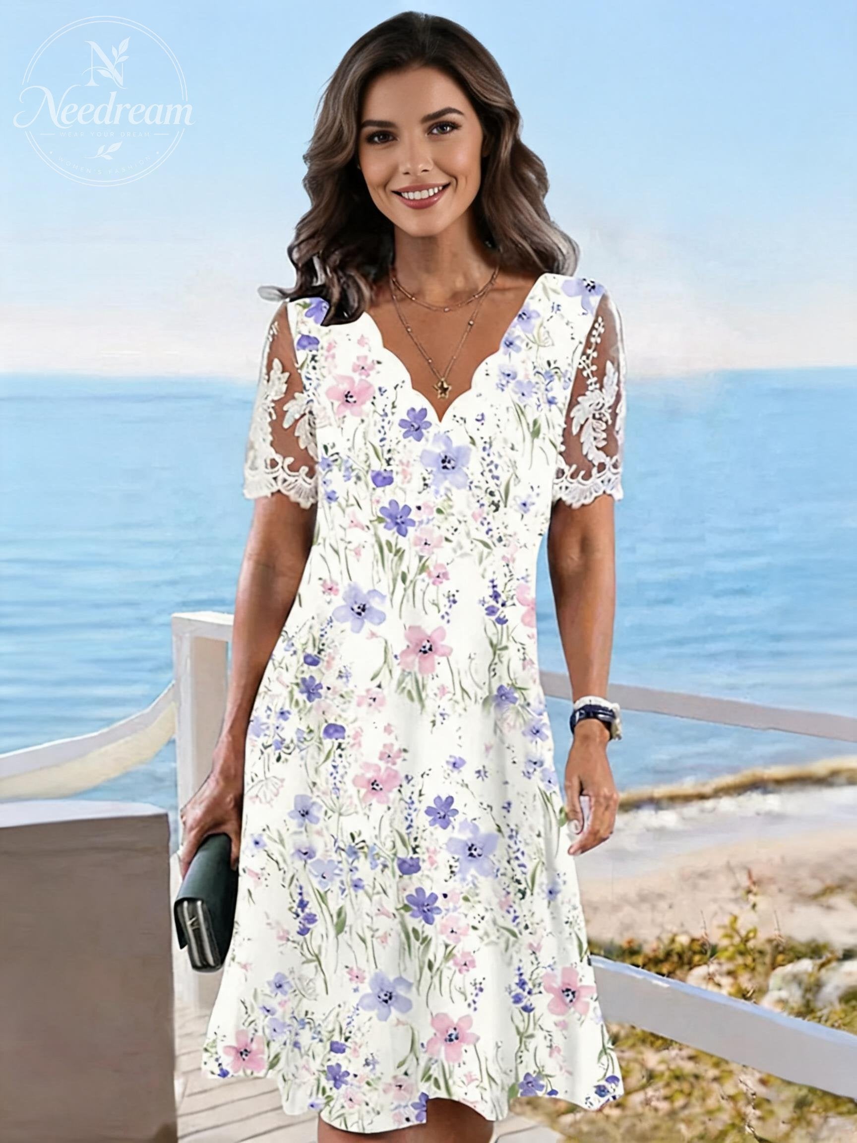 Wave-Neck Lace Short-Sleeved Floral Midi Dress