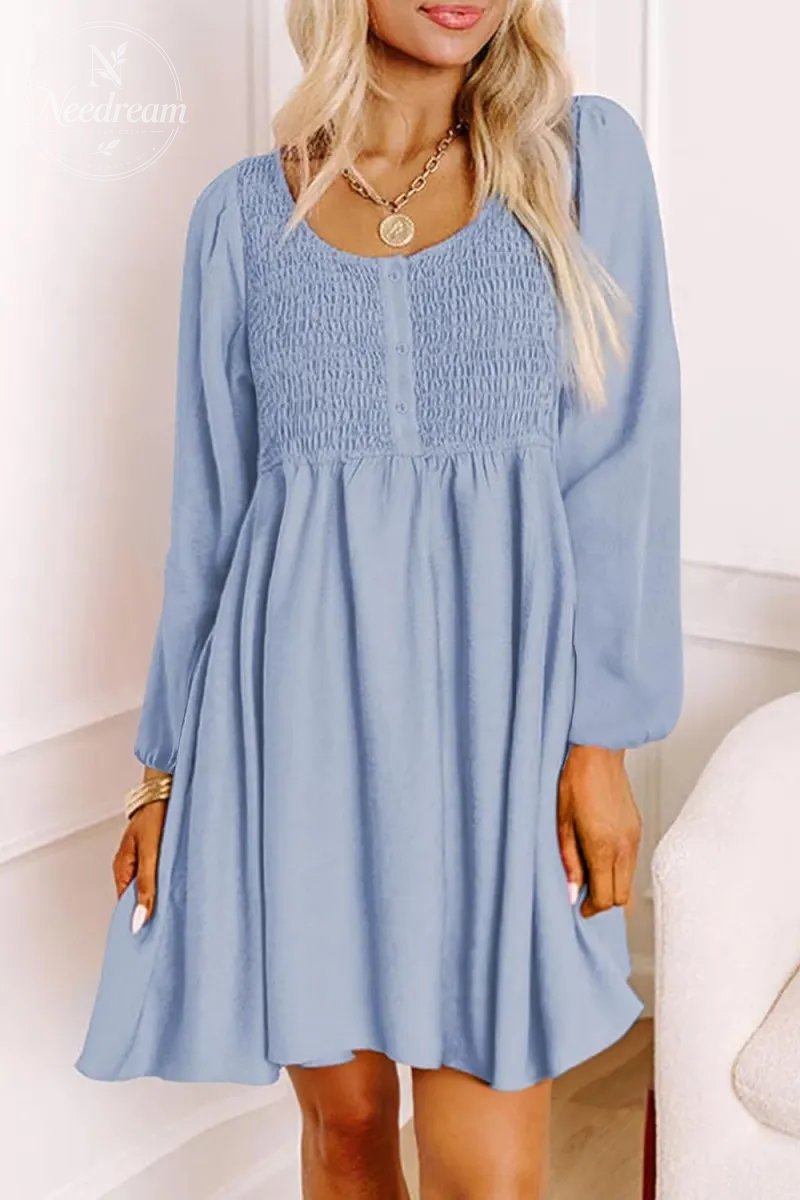 Smocked Crewneck Button Up Long Sleeve Empire Waist A-Line Mini Dress