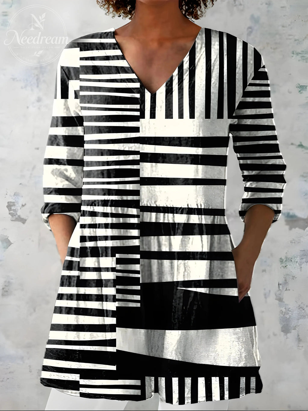 Women'S Irregular Geometric Print V-Neck Long-Sleeve Long Shirt