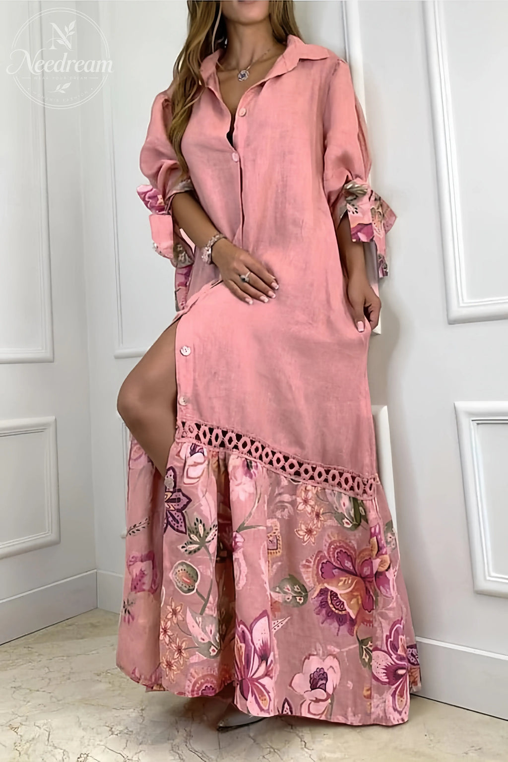 Rosedale Floral Print Crochet Lace Patchwork Shirt Dress