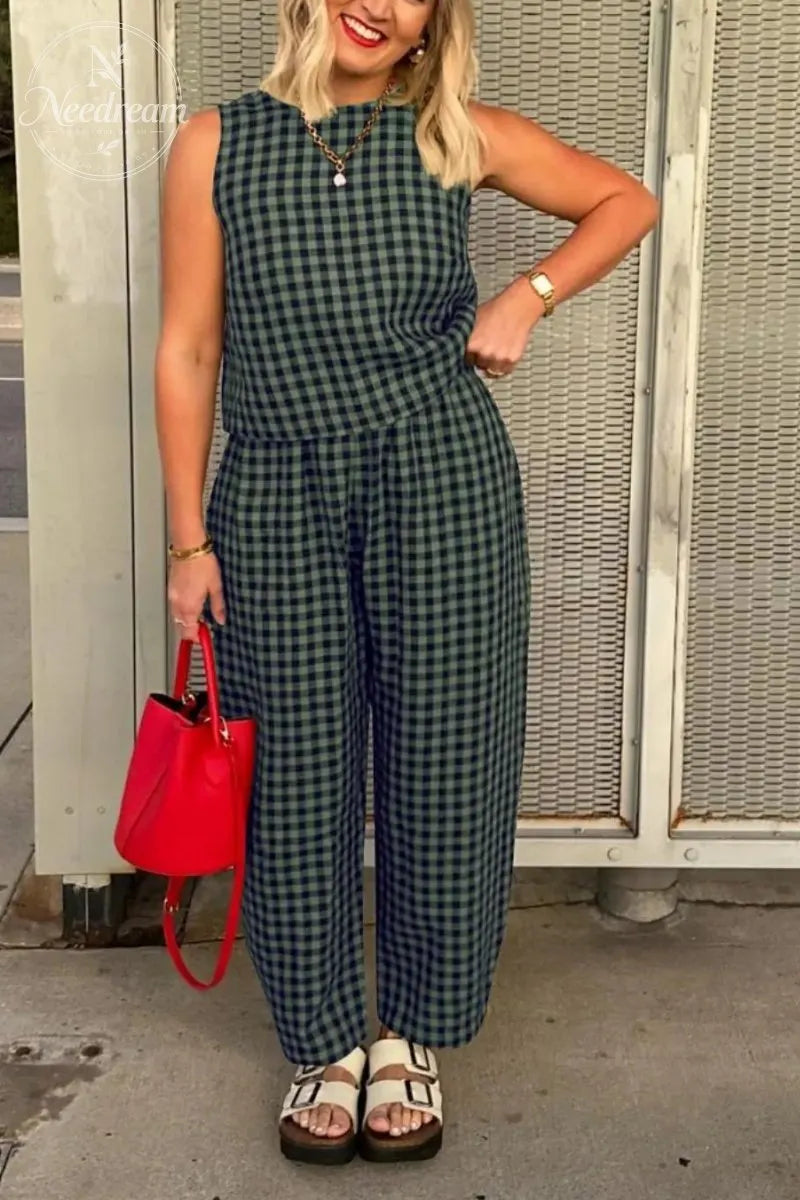 Summer New Women's 2 Piece Set Cotton Plaid Crop Top Loose Fit Pocket Nine-Tenths Pants