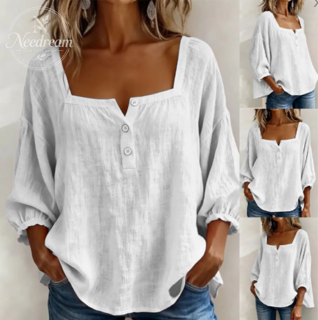 🌸Pink Square-Neck Half-Button Shirt