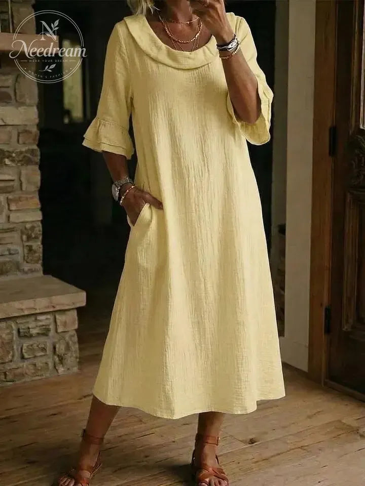 Cotton Linen Neck Ruffle Casual Dress