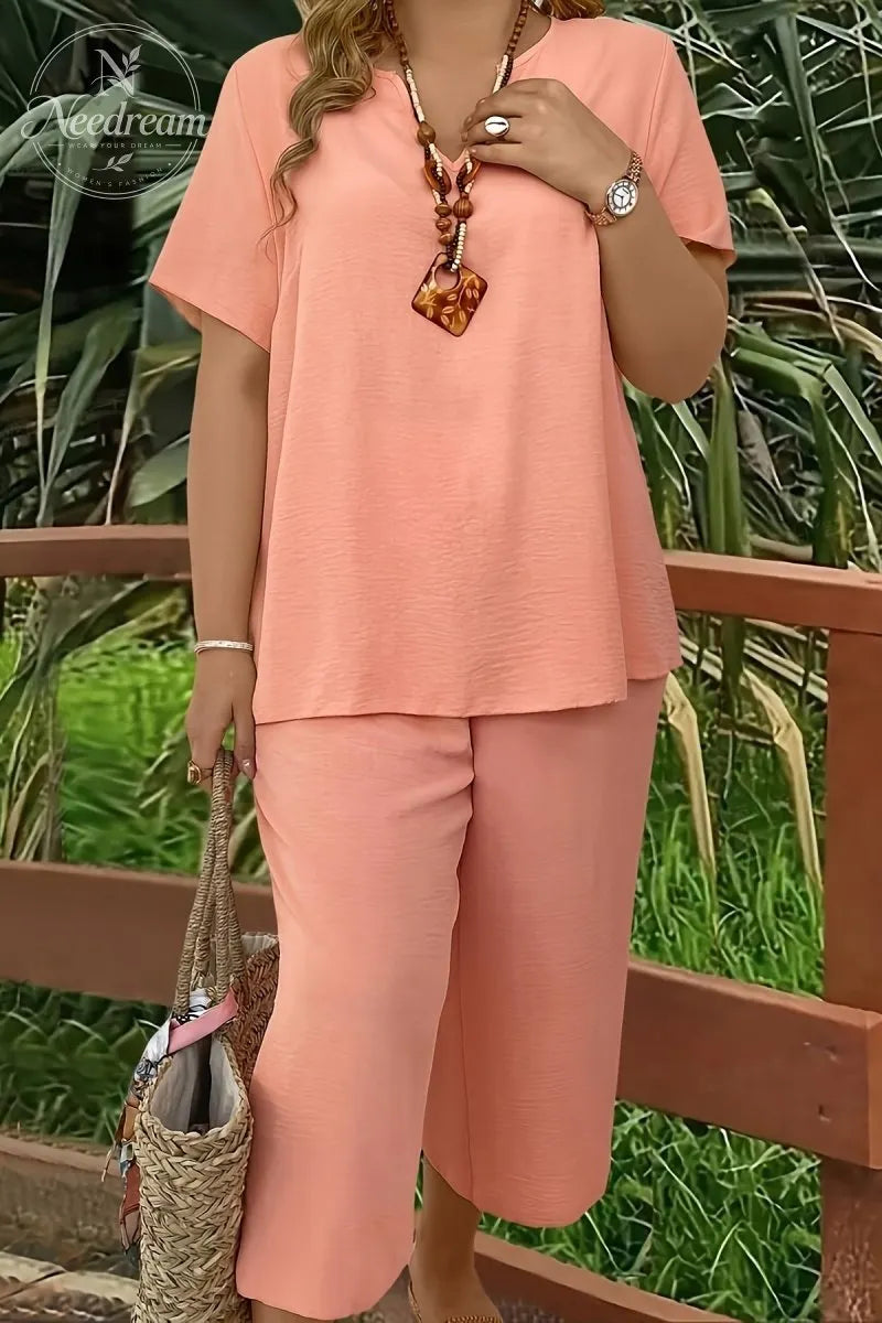 Elegant Plus Size Women's Solid Color Short Sleeve Fashion Top & Casual Wide Leg Pants Set