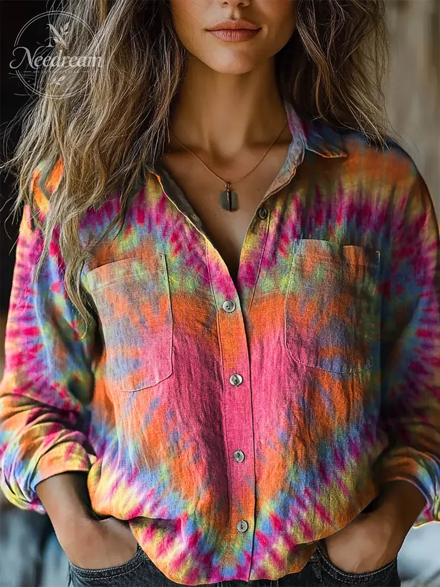 Women's Colorful Heart Tie Dye Print Casual Long Sleeve Comfortable Cotton Shirt