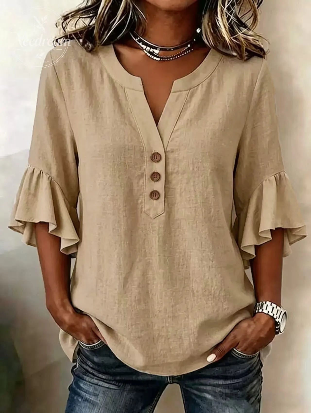 Women'S Solid-Color V-Neck 3/4-Sleeve Casual Loose Cotton-Linen Top