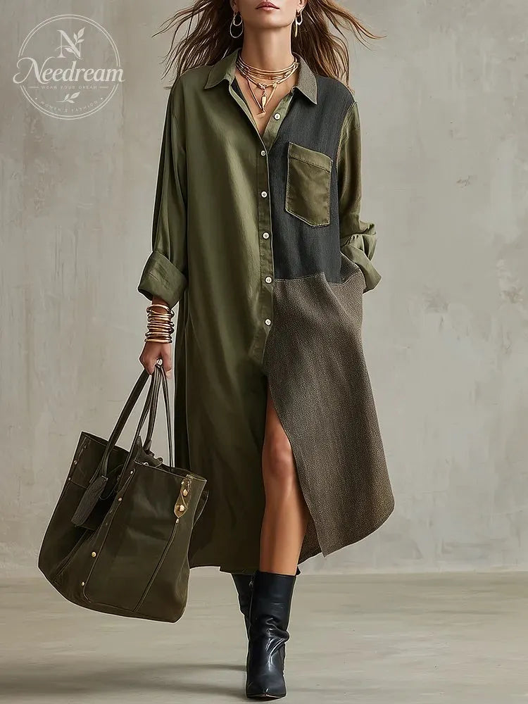 Refined Olive Color-Block Shirt Midi Dress