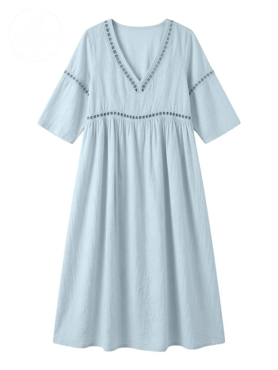 Women Cotton Maxi 3/4 Sleeve V Neck Pleated Lace Dress