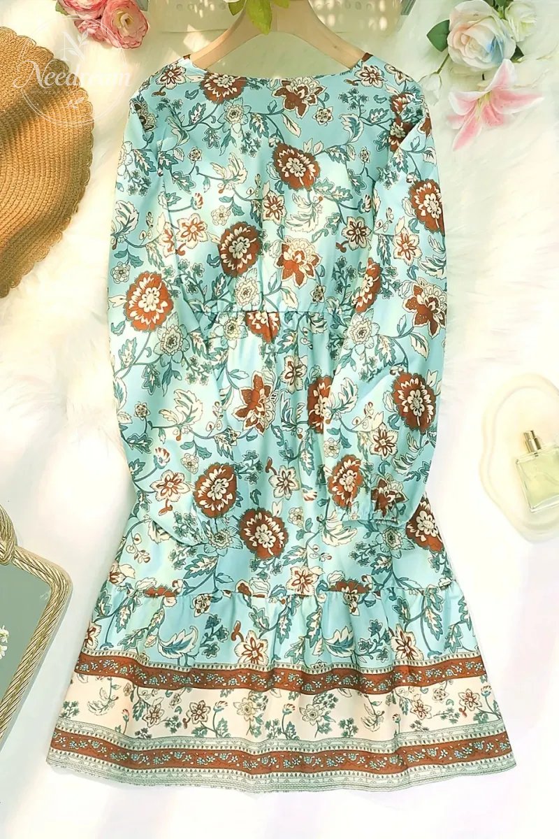 Women's Ethnic Floral Pattern Button Front Ruffle Hem Dress