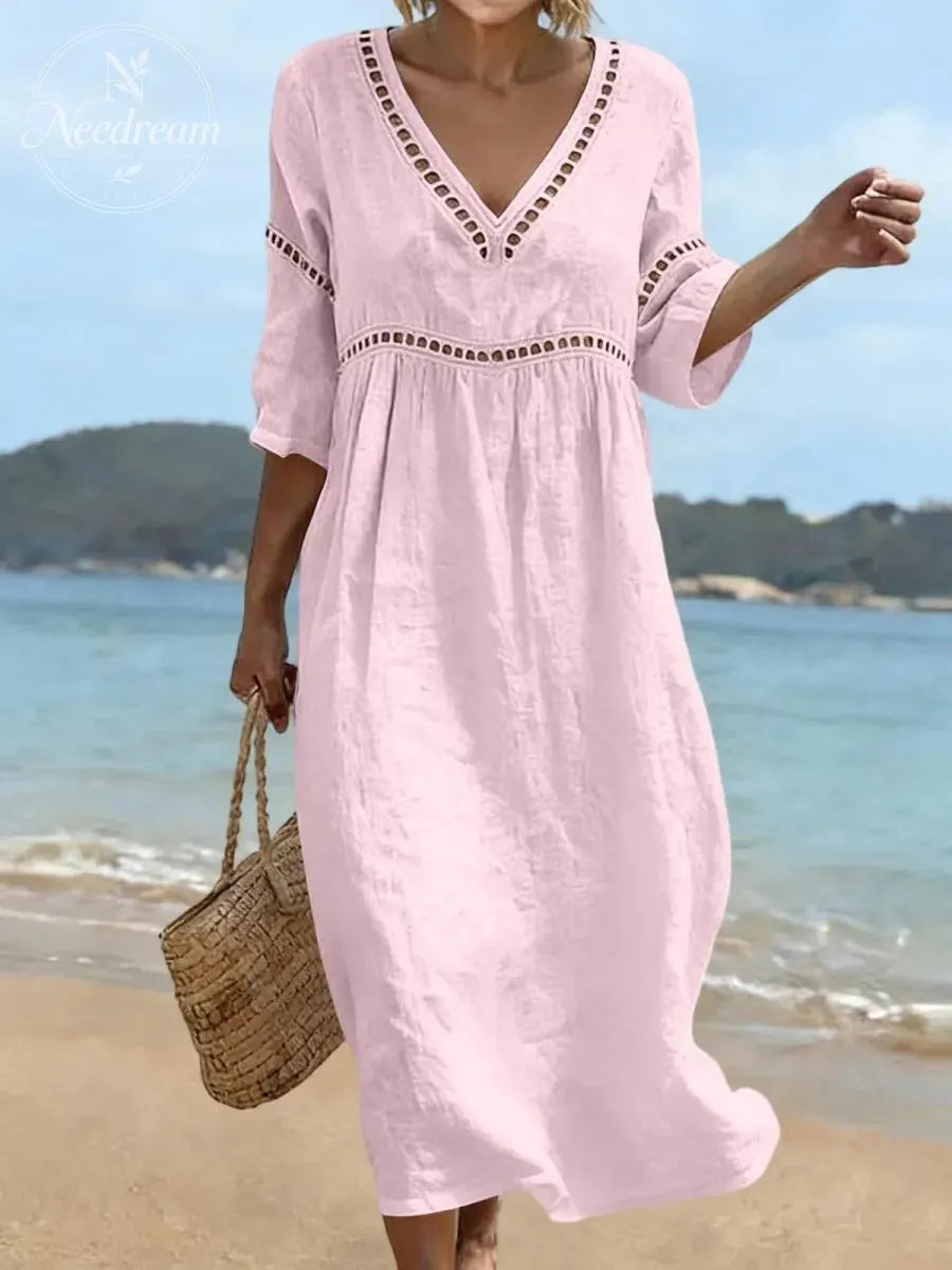 Women Cotton Maxi 3/4 Sleeve V Neck Pleated Lace Dress