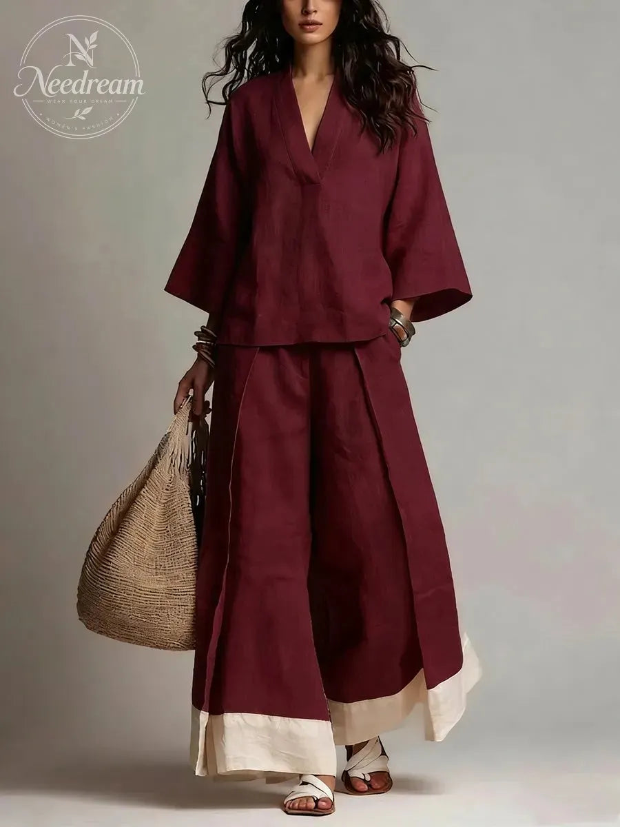 Loose Plus Size Contrast Color Pleated Pockets V-Neck Two Pieces Set